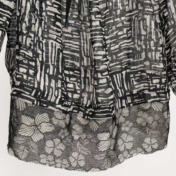 Oscar de la Renta AW/10 Black & White Abstract Silk Lace-Trim Tie-Neck Blouse - Picture 6 of 10